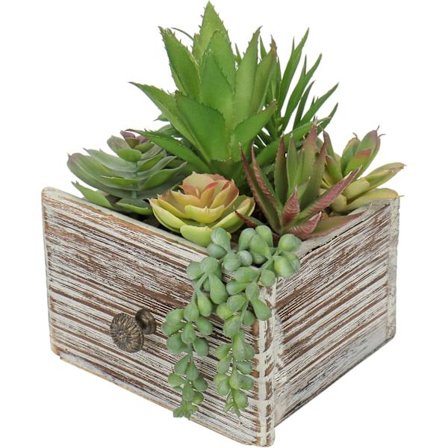 Fake Succulents Plants Potted Mix Artificial Plants, Decorative Faux Plastic Plants in Wooden Pot Indoor Outdoor for Office Home Desk Table Decoration