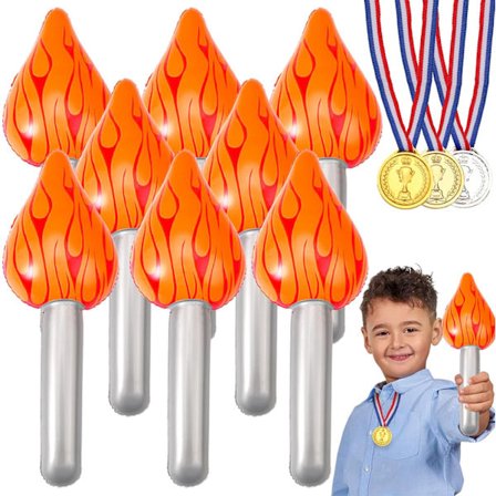 11 kpl Olympialaisten juhlakoristeita, joissa on 8 olympiasoihtua, 16 tuuman puhallettava soihtu, 3 muovimitalia olympialaisten koristelujuhliin, 