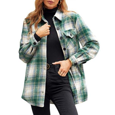 Lapel Pläd För Damer Med Fickor Blusar Toppar Button Down Ytterkläder