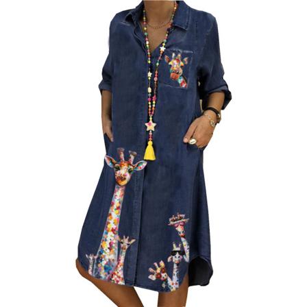Dam V-ringad Print Casual Denim Midiklänning Lösa Jeans