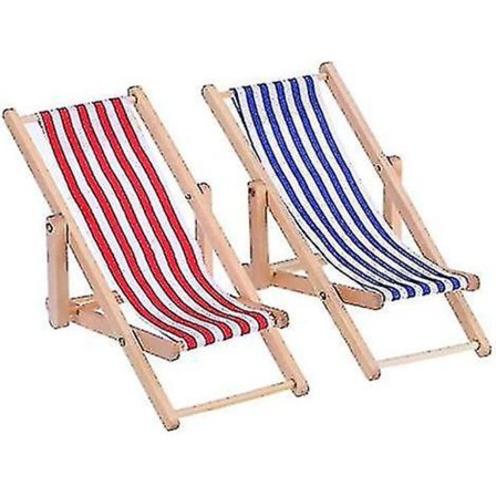 2-delad hopfällbar miniatyrstrandstol i trä, solstol, min möbeltillbehör med röda/blå ränder