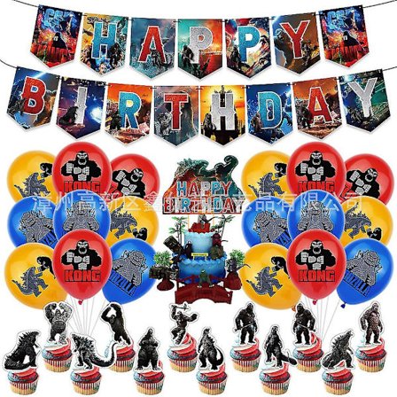 Godzilla Vs Kong -teemainen syntymäpäiväjuhlakoriste, ilmapalloviiri, kakunkoristesetti