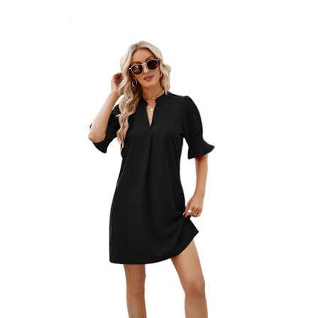 Sommarklänning i bomull och linne för kvinnor, enfärgad solklänning med V-ringning, kort ärm, midiklänning, casual lös skiftklänning (svart S)