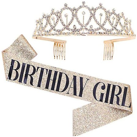Women Ladies Birthday Queen Tiara And Sash Crystal Crown Headband Shoulder Strap Set
