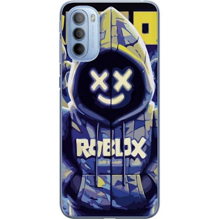Kompatibelt Mobildeksel til Motorola Motorola Moto G31 Blågul Roblox hettegenserfigur med minimalistisk neonstil og masket ansikt, moderne spillillus