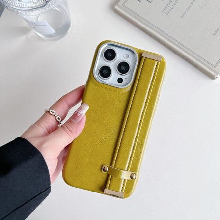 Etui for iPhone 16 lysegult vokset skinn armbånd anti-fall full metallring
