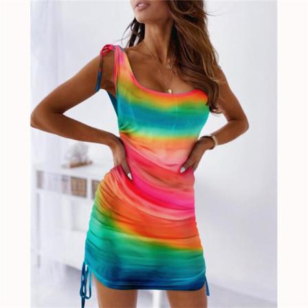 Kvinnor Tie Dye Print Tied Detail Ruched Dress Summer Holiday Sex