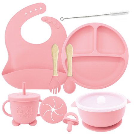 Silikonbestikksett for barn inkludert tallerken, skål, skje, gaffel, kopp, rengjøringsbørste og smekke, rosa