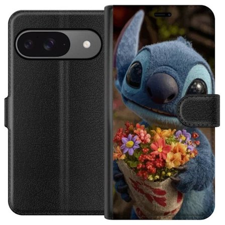 Kompatibel Tegnebogsetui til Google Google Pixel 9 Sød blå figur med store øjne, der holder en farverig buket i en varm og kær stil