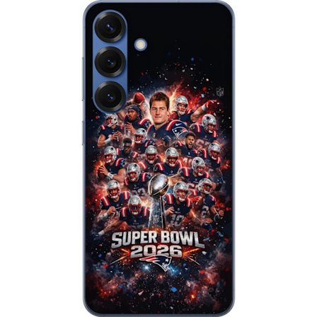 Yhteensopiva Puhelinkuori Samsung Galaxy S25+ Super Bowl 2026 juliste, jossa New England Patriots ja NFL-mestaruuspalkinto räjähtävän urheilullisessa