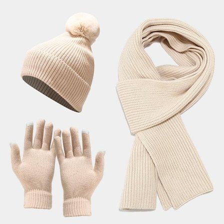 Kvinners 3-delt sett med lue, vinterlue, strikket skjerf og votter