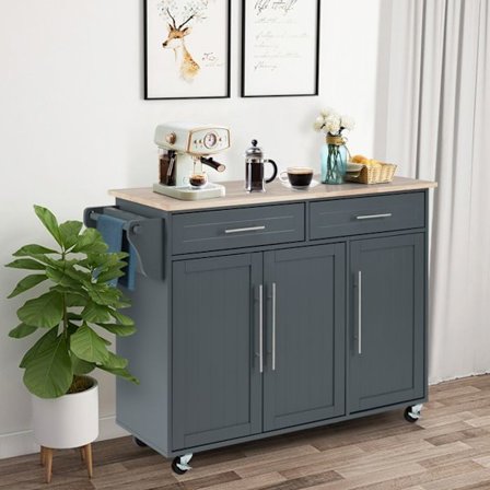 Kökshylla på hjul COSTWAY, 2 lådor, 2 skåp, topp i gummiträ, handdukshängare, justerbara hyllor