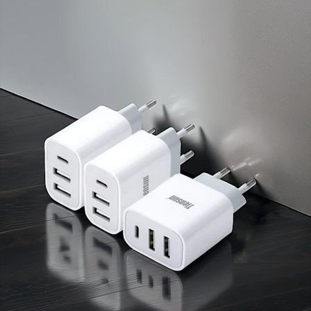 3-Porttinen USB-A+C QC PD 3-in-1 Laturi | TIENSUN Pikalatausvirtalähde useilla liitännöillä, 220V-240V pistokevirta