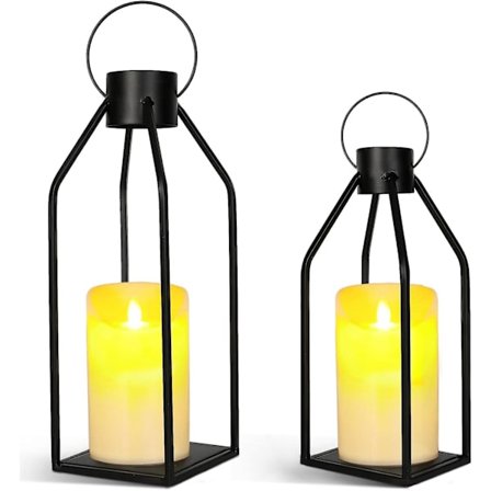 Rustikk Gårdshus Lyslykt Sett Med 2 Svarte Dekorative Lykter Med Metalltråd Innendørs Utendørs Hjemmeinnredning Med Flammende LED-lys 
