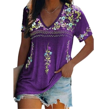 Kvinde Boho Blomster Kortærmet V-hals T-shirt Casual Top Tee Lilla 3XL
