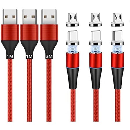 2025 Siste Modell Magnetisk Ladekabel (1 m + 1 m + 2 m, 3-pakning) USB C/Type C/Micro USB 2-i-1 Magnetisk USB-kabel 3A Hurtiglading og