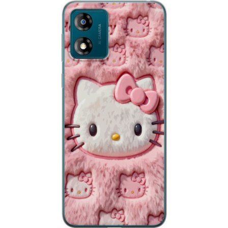 Kompatibel Mobilcover til Motorola Moto E13 Hello Kitty lyserød fluffy baggrund med ikonisk ansigt og kawaii-æstetik