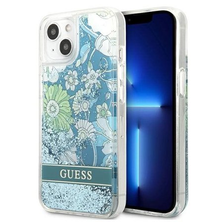 Guess GUHCP13SLFLSN iPhone 13 mini 5,4" grön/grönt hårda fodral Blomma Flytande Glitter