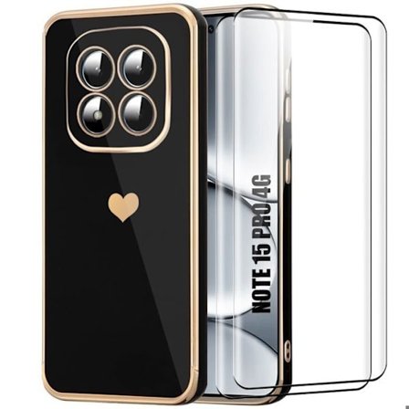 Cover til Xiaomi Redmi Note 15 Pro 4G, Silikone Hjerte Mønster Anti-Ridse - Sort - 2 Tempered Glass