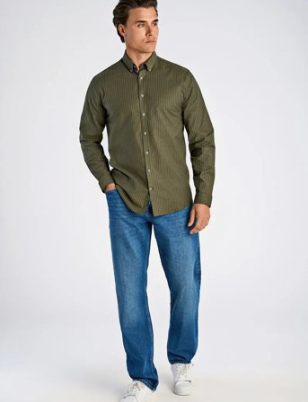 Lindbergh Striped Superflex Oxford L/S - Khaki green - S