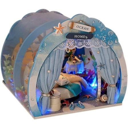 Ocean Tunnel Dockhus med möbler Led Light Kit DIY Miniatyr Trädockor Hus Romantisk konst Hantverk Kid Christmas Birthda