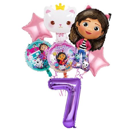 Gabby Dollhouse Födelsedagsfest Tillbehör: Rosa Gabby Katt-muggar, tallrikar, servetter, ballonger, bakgrund-FA-