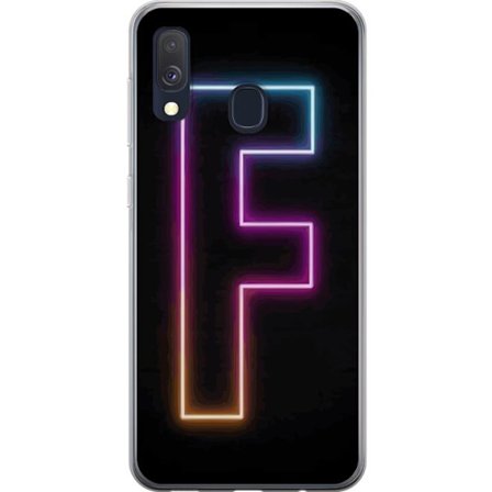 Yhteensopiva Puhelinkuori Samsung Galaxy A40 Neonkirjain F vaaleanpunaisella, sinisellä ja keltaisella valokehyksillä tummaa taustaa vasten, graafinen