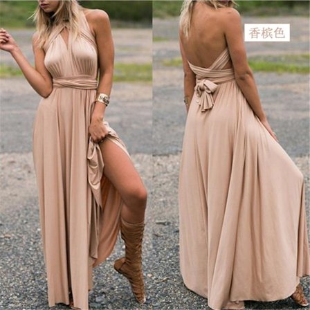 Multiple Wear Rope Cross Backless Sexy Bandasje One-Piece Dress Lang Kjole Champagne