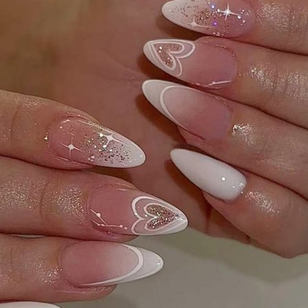 Medium Mandel Press-on Naglar 24 Delar Fransk Gradient Glitter Hjärta Nagel