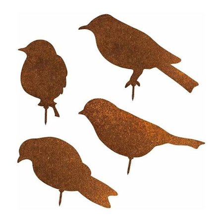 Rustikk metallhagedekorasjon, 4 stk. rustne fugler med skruer, rustent metall