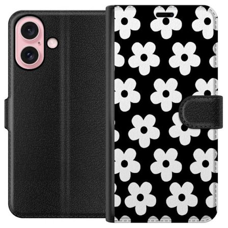 Yhteensopiva Lompakkokotelo Apple Apple iPhone 16 Mustavalkoinen kukkakuvio minimalistisessa skandinaavisessa muotoilussa, jossa voimakas kontrasti ja