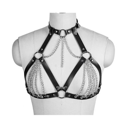 Läder BH Burstil Axelrem, Punk Lager Bröstkedja