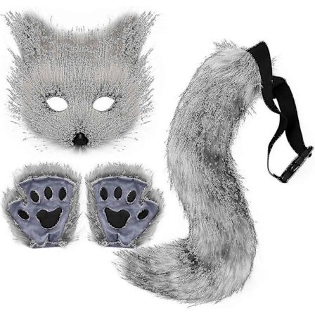 Pälsräv svans katt varg cosplay kostym set plysch mask fluffiga tasshandskar Halloween jul-WELLNGS