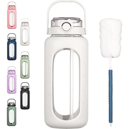 IC 64 oz glassvannflasker med sugerør Tidsmarkør Halv gallon Stor motiverende vannflaske med silikonhylse 2L stor kanne Hvit