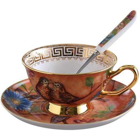 Euro Style Kop & Underkop Sæt, Benporcelæn Tekop Kaffekop til Morgenmad Hjemmekøkken - Fugle og Træer Mønster