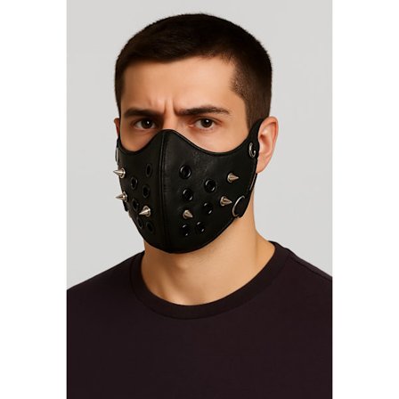 Svart lädermask med nitar och andningshål