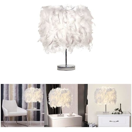 Fjer Bordlampe Hvid Ved Sengebord Lampe Fjer Lampeskærm Bord