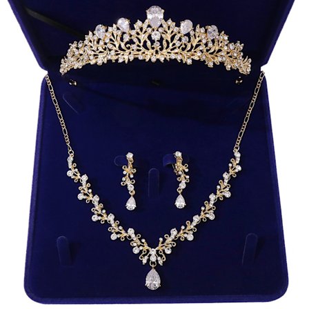 Bröllop Brud Kristallkluster Zirkon Halsband Hängande Örhängen Diadem Tiara Smyckesset med Presentförpackning (Silver/Guld)