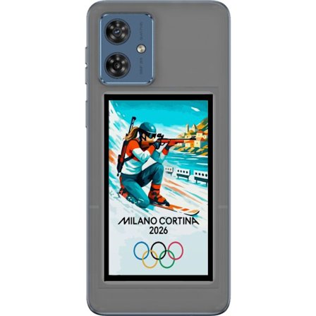 Yhteensopiva Puhelinkuori Motorola Moto G54 Retrojuliste Cortina Milano 2026 vuorilla, talviurheilijoilla, italiankoloreilla, Milanon tuomiokirkolla j