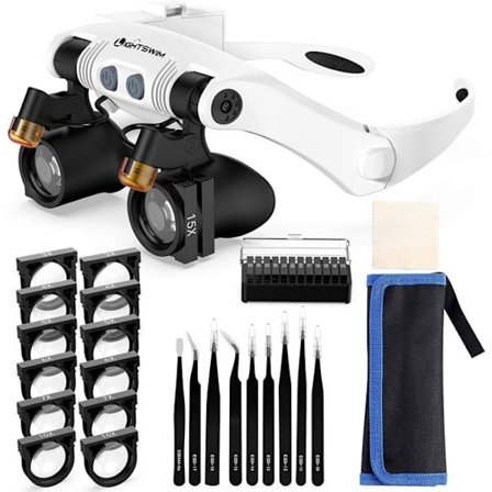 Pannebåndforstørrelsesglass med LED-lys, Håndfri forstørrelsesglass med 2 LED-lys, Utskiftbare linser 3X 4X 5X 6X 7X 10X 15X