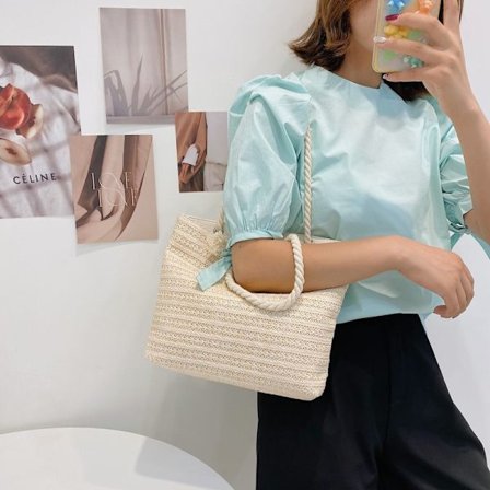 Flettet dameveske, liten flettet stråveske, håndveske med én skulderrem