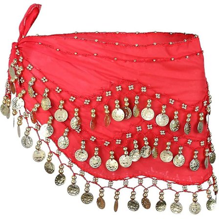 Mavedans Tørklæde Bælte Bølge Draperet Guldmønt Nederdel Omsluttet Med Guldmønt Chiffon Draperet Mavedans Bælte Til Kvinder Piger (rød) (1 stk)