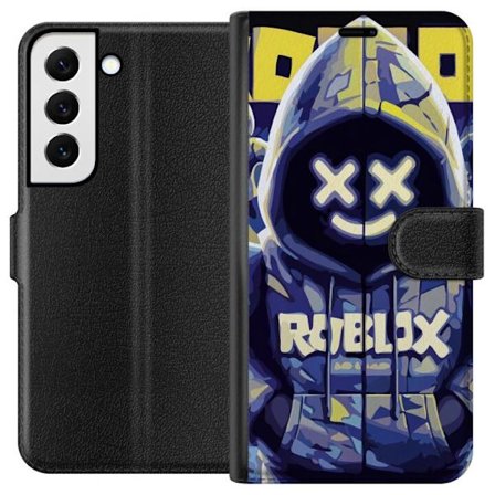 Kompatibelt Lommeboketui til Samsung Samsung Galaxy S22+ 5G Blågul Roblox hettegenserfigur med minimalistisk neonstil og masket ansikt, moderne spill