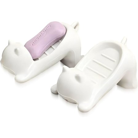 Et sett med såpeskåler til bad med dreneringshull, et sett med såpeholdere med dreneringshull for baderomsdusjer, med et søtt katteformet design.