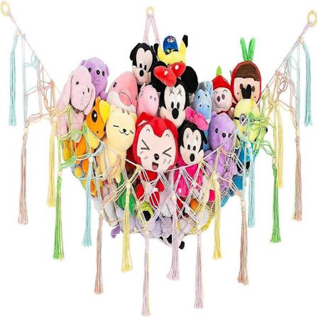 Stort udstoppet dyrelegetøjsnet hængekøje med kvast hjørne hængende net til plyslegetøjsholder Boho Macrame legetøjsdisplay, multi farve