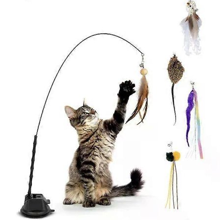 1 sæt kattesættet 7 dele med fiskestang til katte, sugekop og fjer - miljøvenligt legetøj til indendørs katte 7