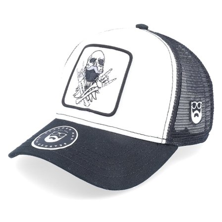 Bearded Man - Bearded Rockstar Scull Patch Black/White Trucker Trucker White Cap - @ Hatstore