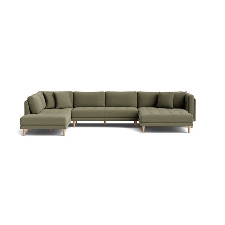 Cali U-sofa, højrevendt - Nordic Grøn - 374x220x76cm - Rummelig U-sofa med dobbelt chaiselong & bøgetræsben + 4 pyntepuder for ekstra komfort