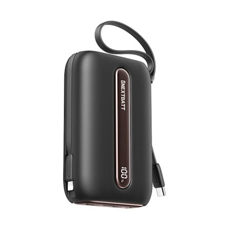 NEXTBATT Kraftig Powerbank Hurtigopladning 20000mAh 22.5W med Dobbelte Kabler - Sort