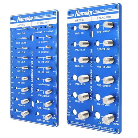 Gängkontroll, mutter- och bultgängkontroll, standard- och metrisk gängkontroll, identifierar 16 SAE- och 15 metriska storlekar